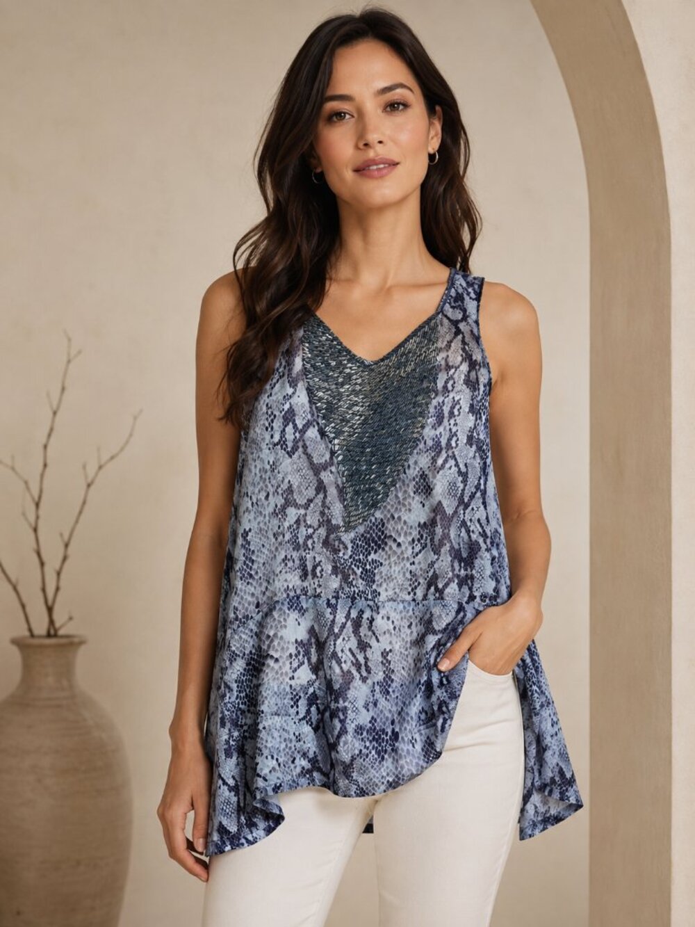 Aryn K Snakeskin Print Embellished Tunic Top Size Medium